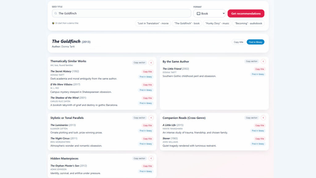 Screenshot of the BookAmor interface